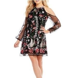 Badgley Mischka Black Floral Embroidered Cold Shoulder Cocktail Dress 6